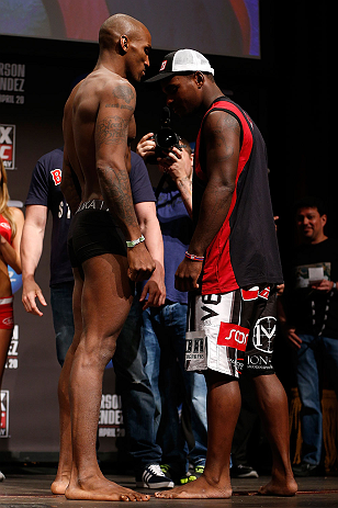 SAN JOSE, CA - APRIL 19:   (L-R) Opponents Francis Carmont and Lorenz Larkin face off during the UFC on FOX weigh-in at the California Theatre on April 19, 2013 in San Jose, California.  (Photo by Josh Hedges/Zuffa LLC/Zuffa LLC via Getty Images)