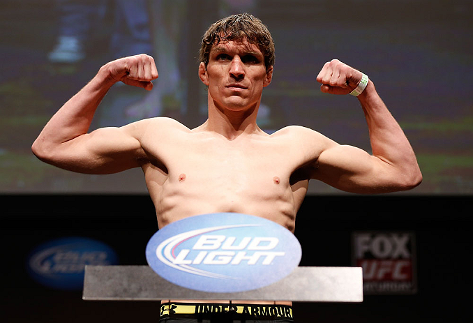 SAN JOSE, CA - APRIL 19: Darren Elkins weighs in during the UFC on FOX weigh-in at the California Theatre on April 19, 2013 in San Jose, California. (Photo by Josh Hedges/Zuffa LLC/Zuffa LLC via Getty Images)