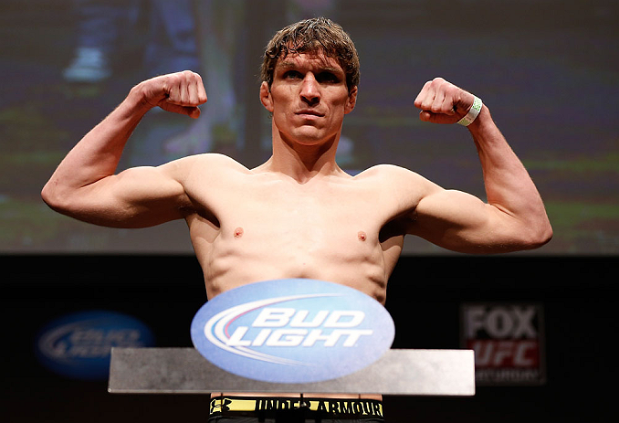 SAN JOSE, CA - APRIL 19:   Darren Elkins weighs in during the UFC on FOX weigh-in at the California Theatre on April 19, 2013 in San Jose, California.  (Photo by Josh Hedges/Zuffa LLC/Zuffa LLC via Getty Images)