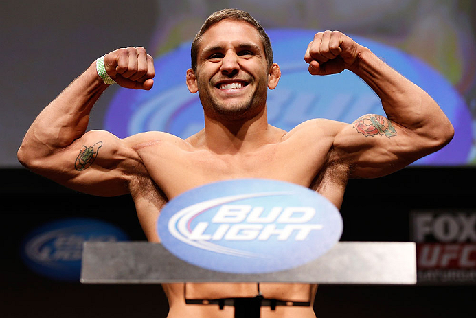 SAN JOSE, CA - APRIL 19:   Chad Mendes weighs in during the UFC on FOX weigh-in at the California Theatre on April 19, 2013 in San Jose, California.  (Photo by Josh Hedges/Zuffa LLC/Zuffa LLC via Getty Images)