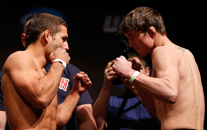 SAN JOSE, CA - APRIL 19: (L-R) Opponents Chad Mendes and Darren Elkins face off during the UFC on FOX weigh-in at the California Theatre on April 19, 2013 in San Jose, California. (Photo by Josh Hedges/Zuffa LLC/Zuffa LLC via Getty Images)