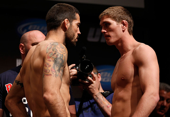 SAN JOSE, CA - APRIL 19: (L-R) Opponents Matt Brown and Jordan Mein face off during the UFC on FOX weigh-in at the California Theatre on April 19, 2013 in San Jose, California. (Photo by Josh Hedges/Zuffa LLC/Zuffa LLC via Getty Images)