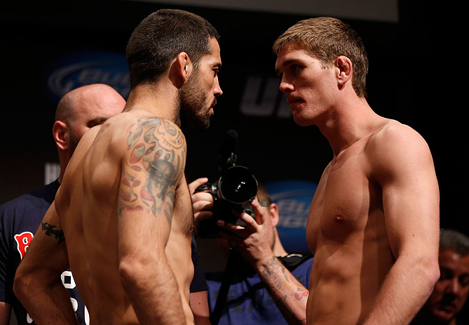 SAN JOSE, CA - APRIL 19:   (L-R) Opponents Matt Brown and Jordan Mein face off during the UFC on FOX weigh-in at the California Theatre on April 19, 2013 in San Jose, California.  (Photo by Josh Hedges/Zuffa LLC/Zuffa LLC via Getty Images)