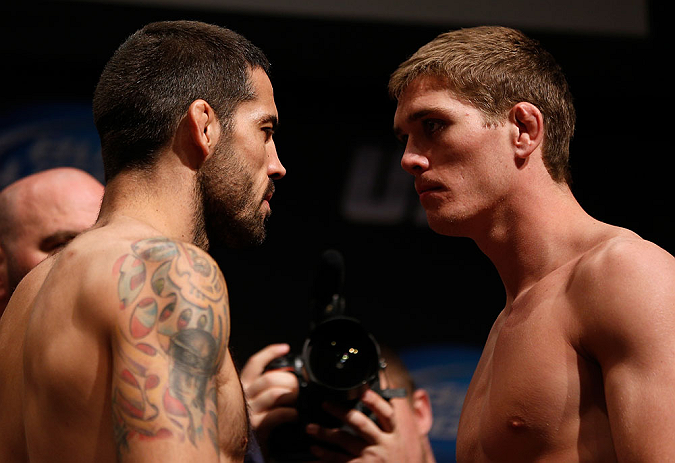 SAN JOSE, CA - APRIL 19: (L-R) Opponents Matt Brown and Jordan Mein face off during the UFC on FOX weigh-in at the California Theatre on April 19, 2013 in San Jose, California. (Photo by Josh Hedges/Zuffa LLC/Zuffa LLC via Getty Images)
