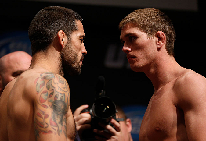 SAN JOSE, CA - APRIL 19:   (L-R) Opponents Matt Brown and Jordan Mein face off during the UFC on FOX weigh-in at the California Theatre on April 19, 2013 in San Jose, California.  (Photo by Josh Hedges/Zuffa LLC/Zuffa LLC via Getty Images)