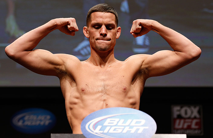 SAN JOSE, CA - APRIL 19: Nate Diaz weighs in during the UFC on FOX weigh-in at the California Theatre on April 19, 2013 in San Jose, California. (Photo by Josh Hedges/Zuffa LLC/Zuffa LLC via Getty Images)