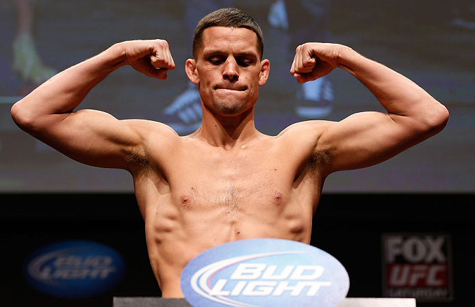 SAN JOSE, CA - APRIL 19:   Nate Diaz weighs in during the UFC on FOX weigh-in at the California Theatre on April 19, 2013 in San Jose, California.  (Photo by Josh Hedges/Zuffa LLC/Zuffa LLC via Getty Images)