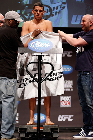 SAN JOSE, CA - APRIL 19: Nate Diaz weighs in during the UFC on FOX weigh-in at the California Theatre on April 19, 2013 in San Jose, California. (Photo by Josh Hedges/Zuffa LLC/Zuffa LLC via Getty Images)