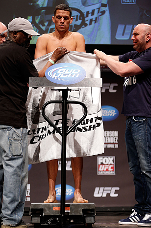 SAN JOSE, CA - APRIL 19:   Nate Diaz weighs in during the UFC on FOX weigh-in at the California Theatre on April 19, 2013 in San Jose, California.  (Photo by Josh Hedges/Zuffa LLC/Zuffa LLC via Getty Images)