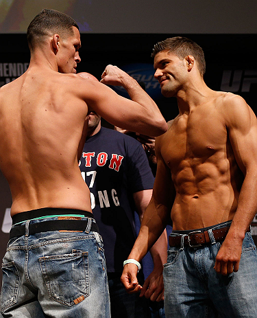 SAN JOSE, CA - APRIL 19: (L-R) Opponents Nate Diaz and Josh Thomson face off during the UFC on FOX weigh-in at the California Theatre on April 19, 2013 in San Jose, California. (Photo by Josh Hedges/Zuffa LLC/Zuffa LLC via Getty Images)