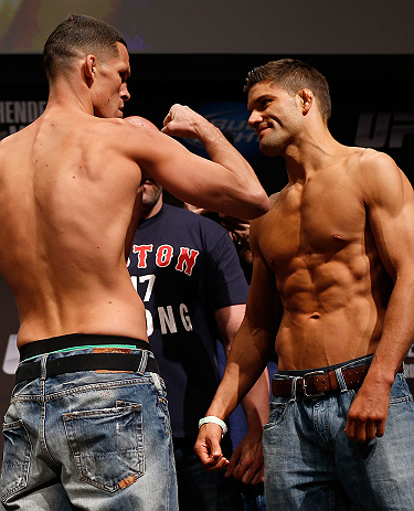 SAN JOSE, CA - APRIL 19:   (L-R) Opponents Nate Diaz and Josh Thomson face off during the UFC on FOX weigh-in at the California Theatre on April 19, 2013 in San Jose, California.  (Photo by Josh Hedges/Zuffa LLC/Zuffa LLC via Getty Images)