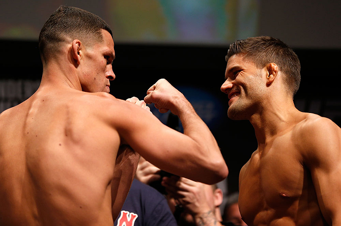 SAN JOSE, CA - APRIL 19: (L-R) Opponents Nate Diaz and Josh Thomson face off during the UFC on FOX weigh-in at the California Theatre on April 19, 2013 in San Jose, California. (Photo by Josh Hedges/Zuffa LLC/Zuffa LLC via Getty Images)