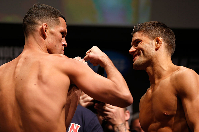 SAN JOSE, CA - APRIL 19:   (L-R) Opponents Nate Diaz and Josh Thomson face off during the UFC on FOX weigh-in at the California Theatre on April 19, 2013 in San Jose, California.  (Photo by Josh Hedges/Zuffa LLC/Zuffa LLC via Getty Images)