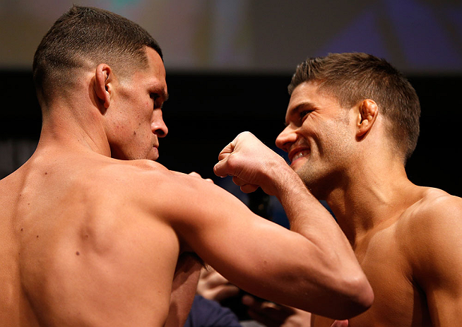 SAN JOSE, CA - APRIL 19: (L-R) Opponents Nate Diaz and Josh Thomson face off during the UFC on FOX weigh-in at the California Theatre on April 19, 2013 in San Jose, California. (Photo by Josh Hedges/Zuffa LLC/Zuffa LLC via Getty Images)
