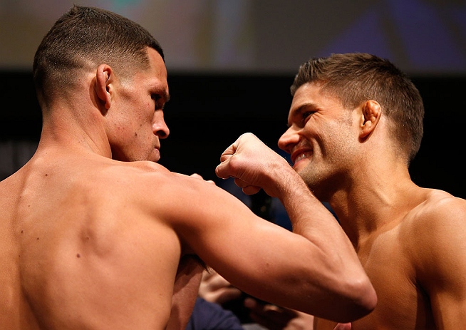 SAN JOSE, CA - APRIL 19:   (L-R) Opponents Nate Diaz and Josh Thomson face off during the UFC on FOX weigh-in at the California Theatre on April 19, 2013 in San Jose, California.  (Photo by Josh Hedges/Zuffa LLC/Zuffa LLC via Getty Images)