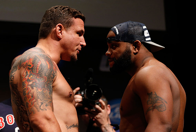 SAN JOSE, CA - APRIL 19: (L-R) Opponents Frank Mir and Daniel Cormier face off during the UFC on FOX weigh-in at the California Theatre on April 19, 2013 in San Jose, California. (Photo by Josh Hedges/Zuffa LLC/Zuffa LLC via Getty Images)