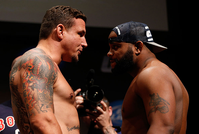 SAN JOSE, CA - APRIL 19:   (L-R) Opponents Frank Mir and Daniel Cormier face off during the UFC on FOX weigh-in at the California Theatre on April 19, 2013 in San Jose, California.  (Photo by Josh Hedges/Zuffa LLC/Zuffa LLC via Getty Images)