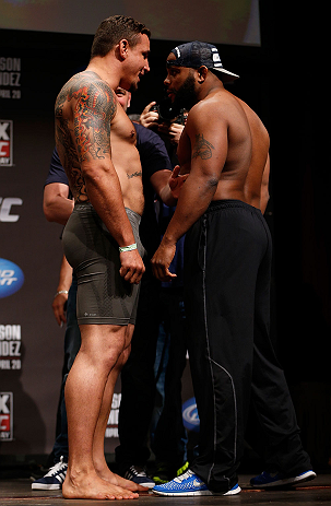 SAN JOSE, CA - APRIL 19: (L-R) Opponents Frank Mir and Daniel Cormier face off during the UFC on FOX weigh-in at the California Theatre on April 19, 2013 in San Jose, California. (Photo by Josh Hedges/Zuffa LLC/Zuffa LLC via Getty Images)