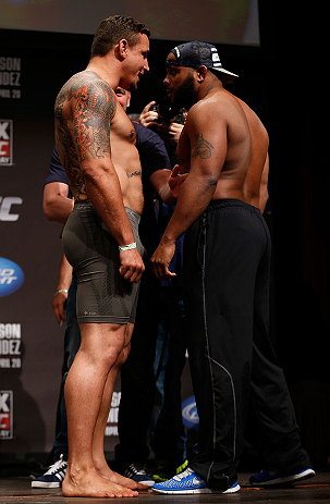 SAN JOSE, CA - APRIL 19:   (L-R) Opponents Frank Mir and Daniel Cormier face off during the UFC on FOX weigh-in at the California Theatre on April 19, 2013 in San Jose, California.  (Photo by Josh Hedges/Zuffa LLC/Zuffa LLC via Getty Images)