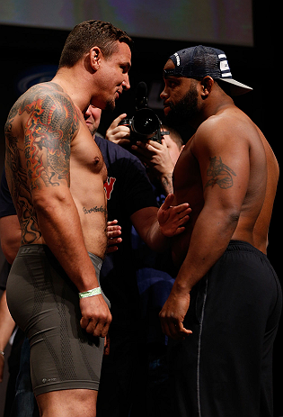 SAN JOSE, CA - APRIL 19: (L-R) Opponents Frank Mir and Daniel Cormier face off during the UFC on FOX weigh-in at the California Theatre on April 19, 2013 in San Jose, California. (Photo by Josh Hedges/Zuffa LLC/Zuffa LLC via Getty Images)