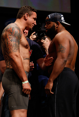 SAN JOSE, CA - APRIL 19:   (L-R) Opponents Frank Mir and Daniel Cormier face off during the UFC on FOX weigh-in at the California Theatre on April 19, 2013 in San Jose, California.  (Photo by Josh Hedges/Zuffa LLC/Zuffa LLC via Getty Images)