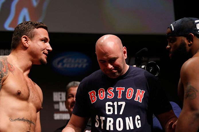 SAN JOSE, CA - APRIL 19: UFC President Dana White (center) separates Frank Mir (L) and Daniel Cormier (R) during the UFC on FOX weigh-in at the California Theatre on April 19, 2013 in San Jose, California. (Photo by Josh Hedges/Zuffa LLC/Zuffa LLC via G