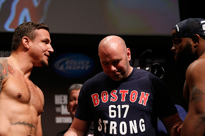 SAN JOSE, CA - APRIL 19:  UFC President Dana White (center) separates Frank Mir (L) and Daniel Cormier (R) during the UFC on FOX weigh-in at the California Theatre on April 19, 2013 in San Jose, California.  (Photo by Josh Hedges/Zuffa LLC/Zuffa LLC via G