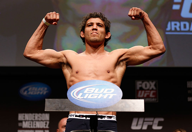 SAN JOSE, CA - APRIL 19: Gilbert Melendez weighs in during the UFC on FOX weigh-in at the California Theatre on April 19, 2013 in San Jose, California. (Photo by Josh Hedges/Zuffa LLC/Zuffa LLC via Getty Images)