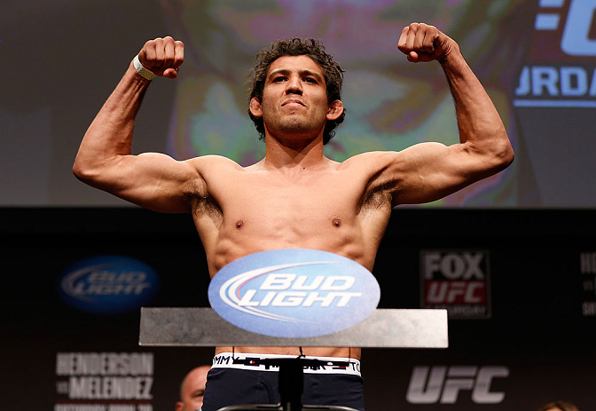 SAN JOSE, CA - APRIL 19:   Gilbert Melendez weighs in during the UFC on FOX weigh-in at the California Theatre on April 19, 2013 in San Jose, California.  (Photo by Josh Hedges/Zuffa LLC/Zuffa LLC via Getty Images)