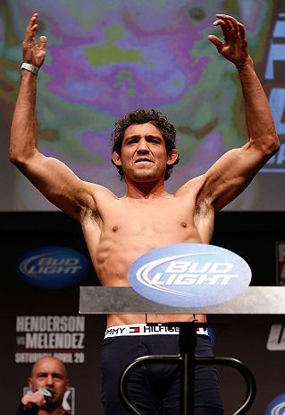 SAN JOSE, CA - APRIL 19: Gilbert Melendez weighs in during the UFC on FOX weigh-in at the California Theatre on April 19, 2013 in San Jose, California. (Photo by Josh Hedges/Zuffa LLC/Zuffa LLC via Getty Images)
