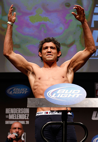 SAN JOSE, CA - APRIL 19:   Gilbert Melendez weighs in during the UFC on FOX weigh-in at the California Theatre on April 19, 2013 in San Jose, California.  (Photo by Josh Hedges/Zuffa LLC/Zuffa LLC via Getty Images)