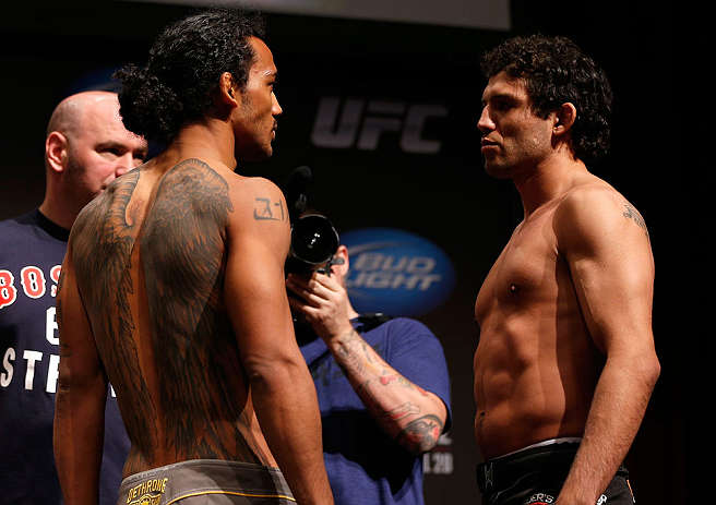 SAN JOSE, CA - APRIL 19: (L-R) Opponents Benson Henderson and Gilbert Melendez face off during the UFC on FOX weigh-in at the California Theatre on April 19, 2013 in San Jose, California. (Photo by Josh Hedges/Zuffa LLC/Zuffa LLC via Getty Images)