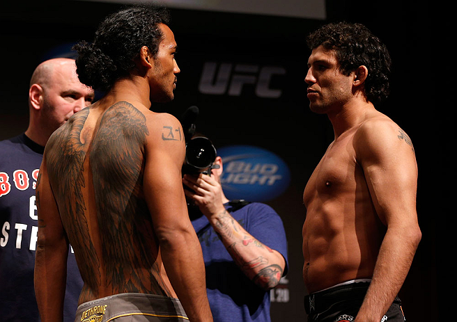 SAN JOSE, CA - APRIL 19:   (L-R) Opponents Benson Henderson and Gilbert Melendez face off during the UFC on FOX weigh-in at the California Theatre on April 19, 2013 in San Jose, California.  (Photo by Josh Hedges/Zuffa LLC/Zuffa LLC via Getty Images)