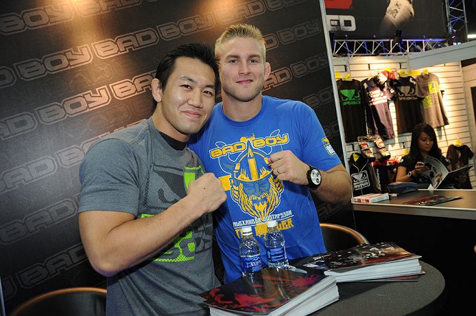 LAS VEGAS, NV - JULY 7: Yushin Okami and Alexander Gustafsson pose for pictures during the UFC Fan Expo at the Mandalay Bay Convention Center on July 7, 2012 in Las Vegas, Nevada. (Photo by Al Powers/Zuffa LLC/Zuffa LLC via Getty Images) *** Local Cap