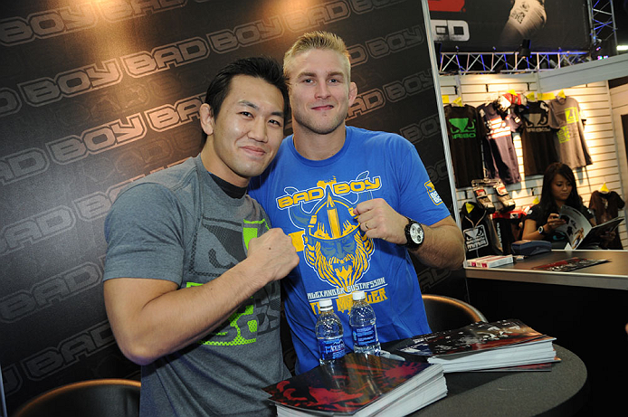 LAS VEGAS, NV - JULY 7:   Yushin Okami and Alexander Gustafsson pose for pictures during the UFC Fan Expo at the Mandalay Bay Convention Center on July 7, 2012 in Las Vegas, Nevada.  (Photo by Al Powers/Zuffa LLC/Zuffa LLC via Getty Images)  *** Local Cap