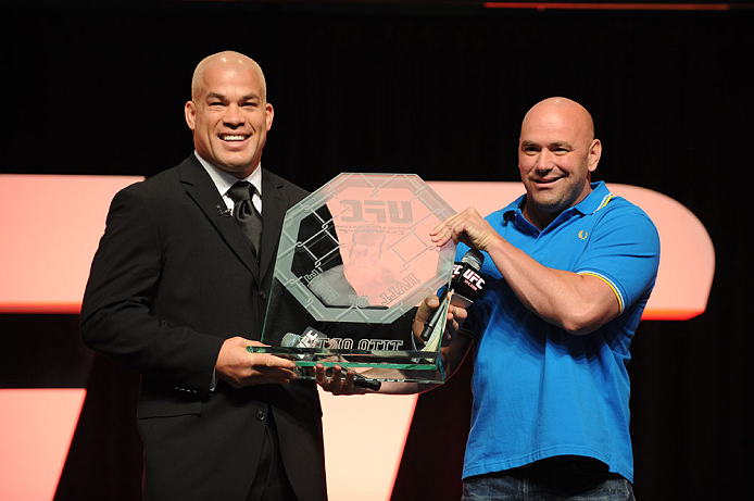 LAS VEGAS, NV - JULY 7: (L-R) Tito Ortiz accepts the UFC Hall of Fame trophy from UFC President Dana White during the UFC Fan Expo at the Mandalay Bay Convention Center on July 7, 2012 in Las Vegas, Nevada. (Photo by Al Powers/Zuffa LLC/Zuffa LLC via G