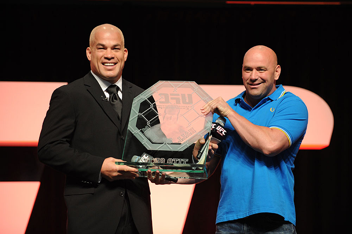 LAS VEGAS, NV - JULY 7:   (L-R) Tito Ortiz accepts the UFC Hall of Fame trophy from UFC President Dana White during the UFC Fan Expo at the Mandalay Bay Convention Center on July 7, 2012 in Las Vegas, Nevada.  (Photo by Al Powers/Zuffa LLC/Zuffa LLC via G