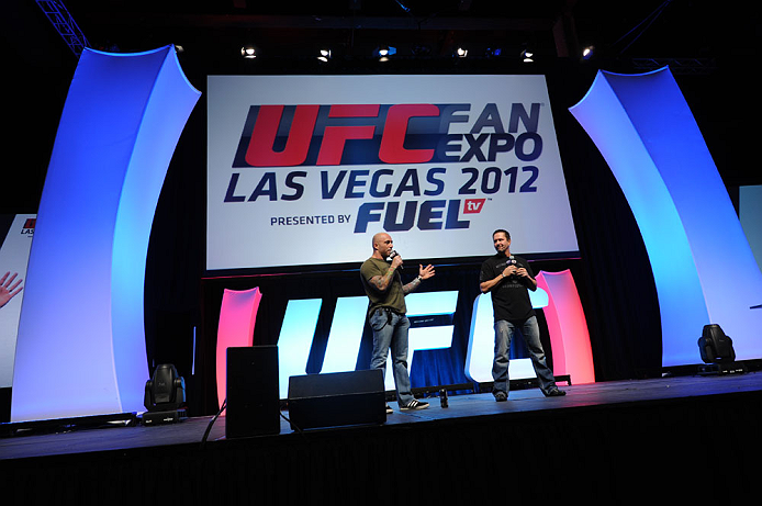 LAS VEGAS, NV - JULY 06:  Joe Rogan and Mike Goldberg answer questions at the UFC Fan Expo on July 6, 2012 in Las Vegas, Nevada. (Photo by Al Powers /Zuffa LLC/Zuffa LLC via Getty Images) 