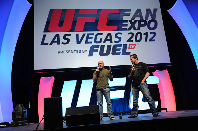 LAS VEGAS, NV - JULY 06:  Joe Rogan and Mike Goldberg answer questions at the UFC Fan Expo on July 6, 2012 in Las Vegas, Nevada. (Photo by Al Powers /Zuffa LLC/Zuffa LLC via Getty Images) 