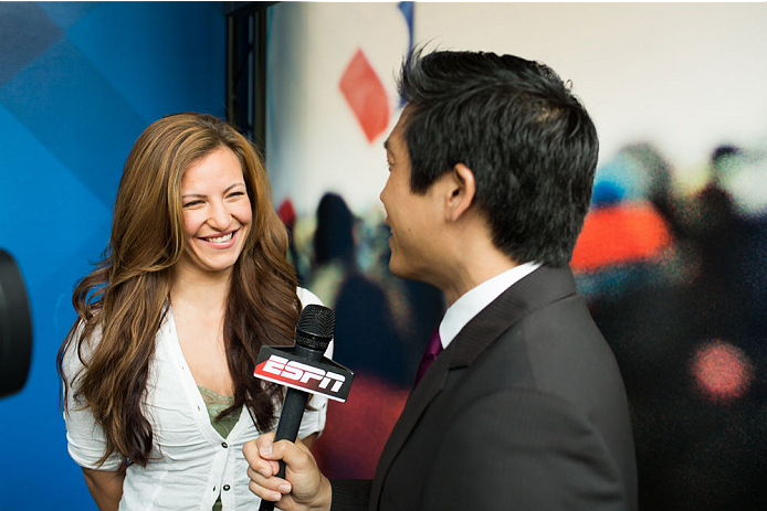 BRISTOL, CT - AUGUST 1: UFC bantamweight fighter Miesha Tate is interviewed by Bram Weinstein at ESPN's headquarters August 1, 2013, in Bristol, Connecticut. Tate will battle bantamweight champion Ronda Rousey in December for the title. The two were inter