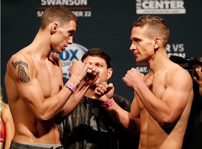 AUSTIN, TX - NOVEMBER 21:  (L-R) Opponents James Vick and Nick Hein of Germany face off during the UFC weigh-in at The Frank Erwin Center on November 21, 2014 in Austin, Texas.  (Photo by Josh Hedges/Zuffa LLC/Zuffa LLC via Getty Images)