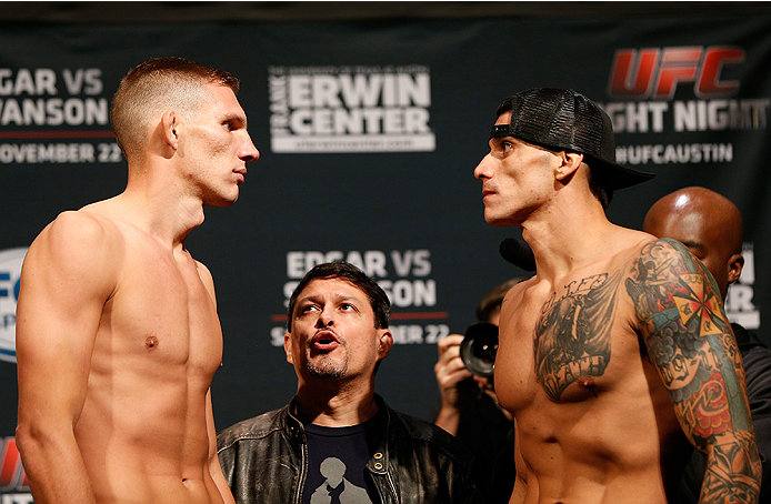 AUSTIN, TX - NOVEMBER 21: (L-R) Opponents Luke Barnatt of England and Roger Narvaez face off during the UFC weigh-in at The Frank Erwin Center on November 21, 2014 in Austin, Texas. (Photo by Josh Hedges/Zuffa LLC/Zuffa LLC via Getty Images)