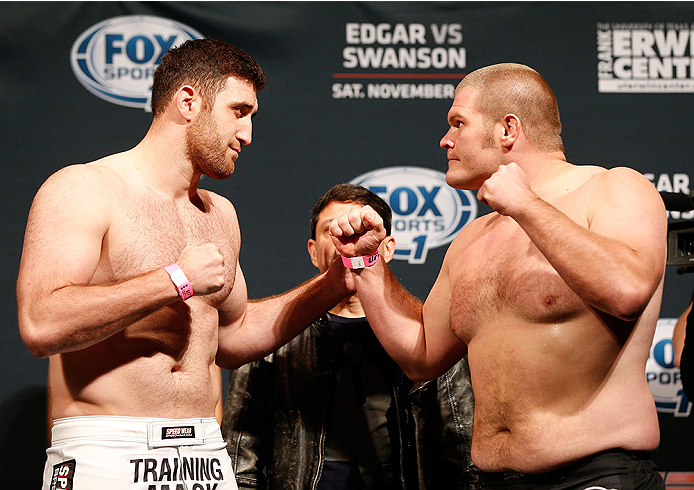 AUSTIN, TX - NOVEMBER 21:  (L-R) Opponents Ruslan Magomedov of Russia and Josh Copeland face off during the UFC weigh-in at The Frank Erwin Center on November 21, 2014 in Austin, Texas.  (Photo by Josh Hedges/Zuffa LLC/Zuffa LLC via Getty Images)