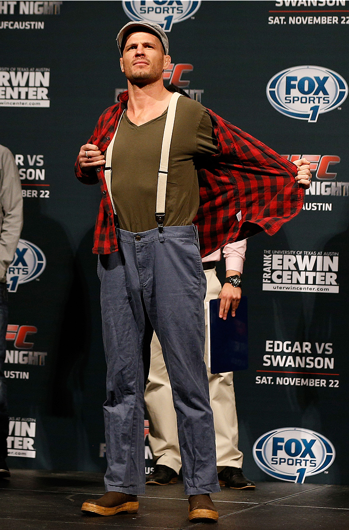 AUSTIN, TX - NOVEMBER 21:  Matt Wiman prepares to step on the scale during the UFC weigh-in at The Frank Erwin Center on November 21, 2014 in Austin, Texas.  (Photo by Josh Hedges/Zuffa LLC/Zuffa LLC via Getty Images)