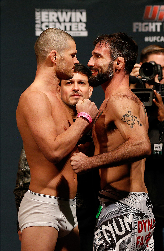 AUSTIN, TX - NOVEMBER 21:  (L-R) Opponents Matt Wiman and Isaac Vallie-Flagg face off during the UFC weigh-in at The Frank Erwin Center on November 21, 2014 in Austin, Texas.  (Photo by Josh Hedges/Zuffa LLC/Zuffa LLC via Getty Images)