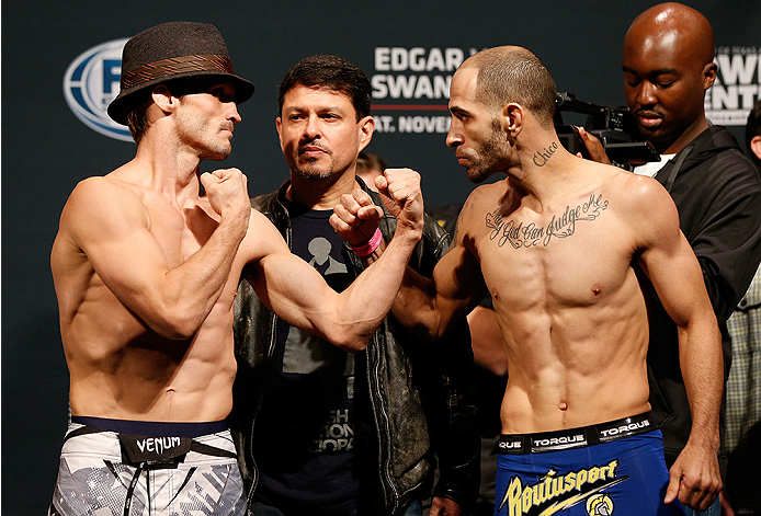 AUSTIN, TX - NOVEMBER 21: (L-R) Opponents Brad Pickett of England and Chico Camus face off during the UFC weigh-in at The Frank Erwin Center on November 21, 2014 in Austin, Texas. (Photo by Josh Hedges/Zuffa LLC/Zuffa LLC via Getty Images)