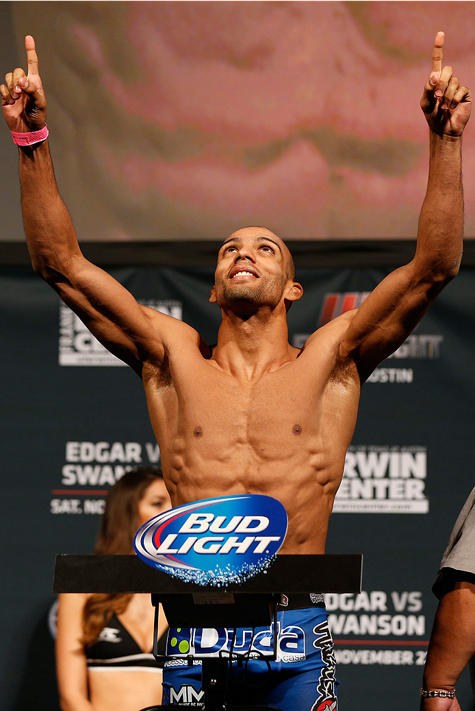 AUSTIN, TX - NOVEMBER 21:  Edson Barboza of Brazil weighs in during the UFC weigh-in at The Frank Erwin Center on November 21, 2014 in Austin, Texas.  (Photo by Josh Hedges/Zuffa LLC/Zuffa LLC via Getty Images)