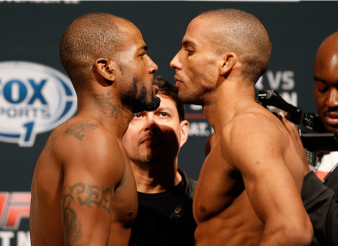 AUSTIN, TX - NOVEMBER 21: (L-R) Opponents Bobby Green and Edson Barboza of Brazil face off during the UFC weigh-in at The Frank Erwin Center on November 21, 2014 in Austin, Texas. (Photo by Josh Hedges/Zuffa LLC/Zuffa LLC via Getty Images)