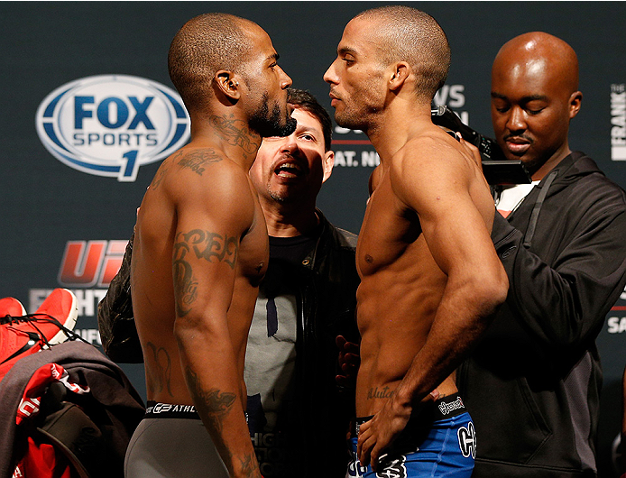 AUSTIN, TX - NOVEMBER 21:  (L-R) Opponents Bobby Green and Edson Barboza of Brazil face off during the UFC weigh-in at The Frank Erwin Center on November 21, 2014 in Austin, Texas.  (Photo by Josh Hedges/Zuffa LLC/Zuffa LLC via Getty Images)