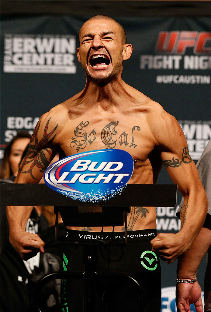 AUSTIN, TX - NOVEMBER 21: Cub Swanson poses on the scale after weighing in during the UFC weigh-in at The Frank Erwin Center on November 21, 2014 in Austin, Texas. (Photo by Josh Hedges/Zuffa LLC/Zuffa LLC via Getty Images)